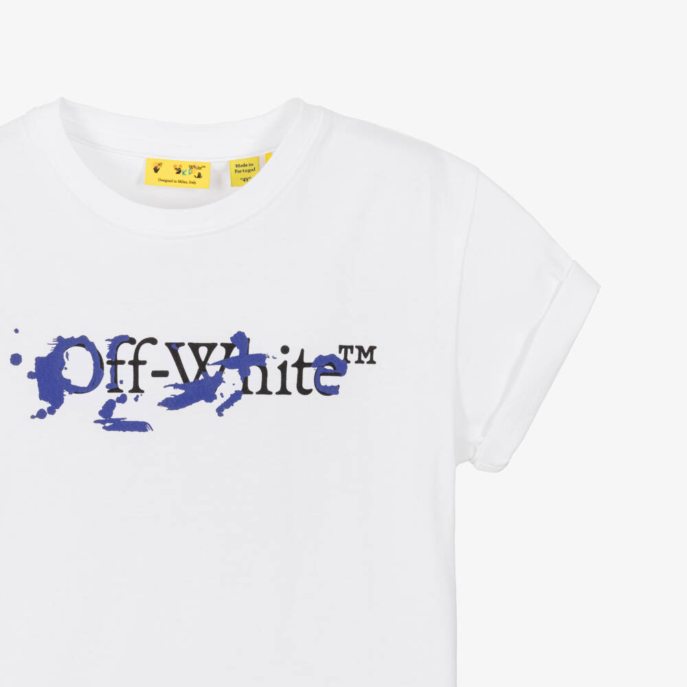 Off-White-Boys White Cotton Bookish Logo Crew Neck T-Shirt | Childrensalon