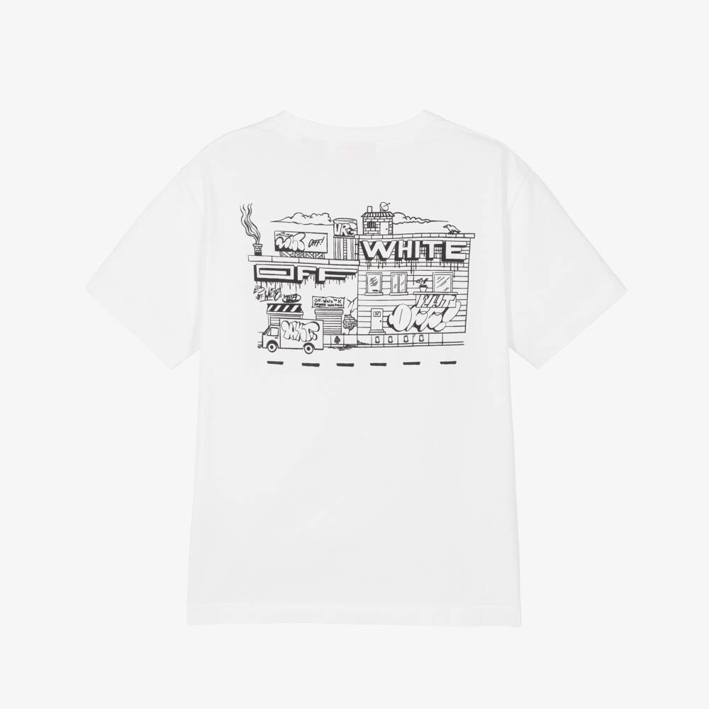 Off-White-Boys White Cotton Graffiti Arrow Logo T-Shirt | Childrensalon