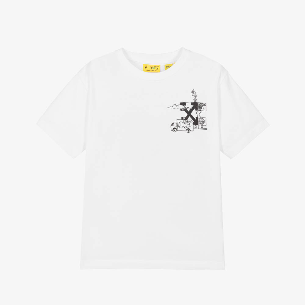 Off-White-Boys White Cotton Graffiti Arrow Logo T-Shirt  | Childrensalon