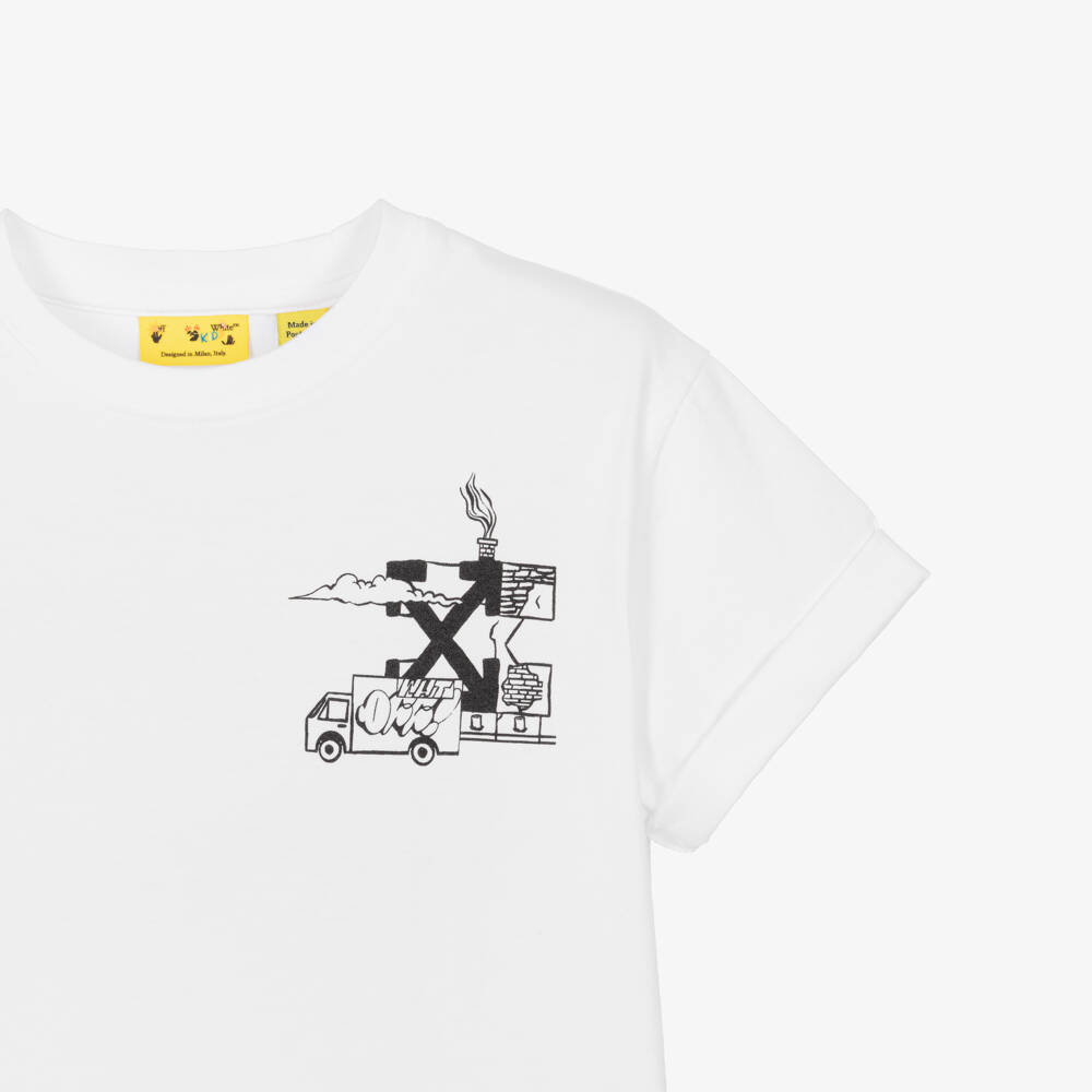 Off-White-Boys White Cotton Graffiti Arrow Logo T-Shirt | Childrensalon