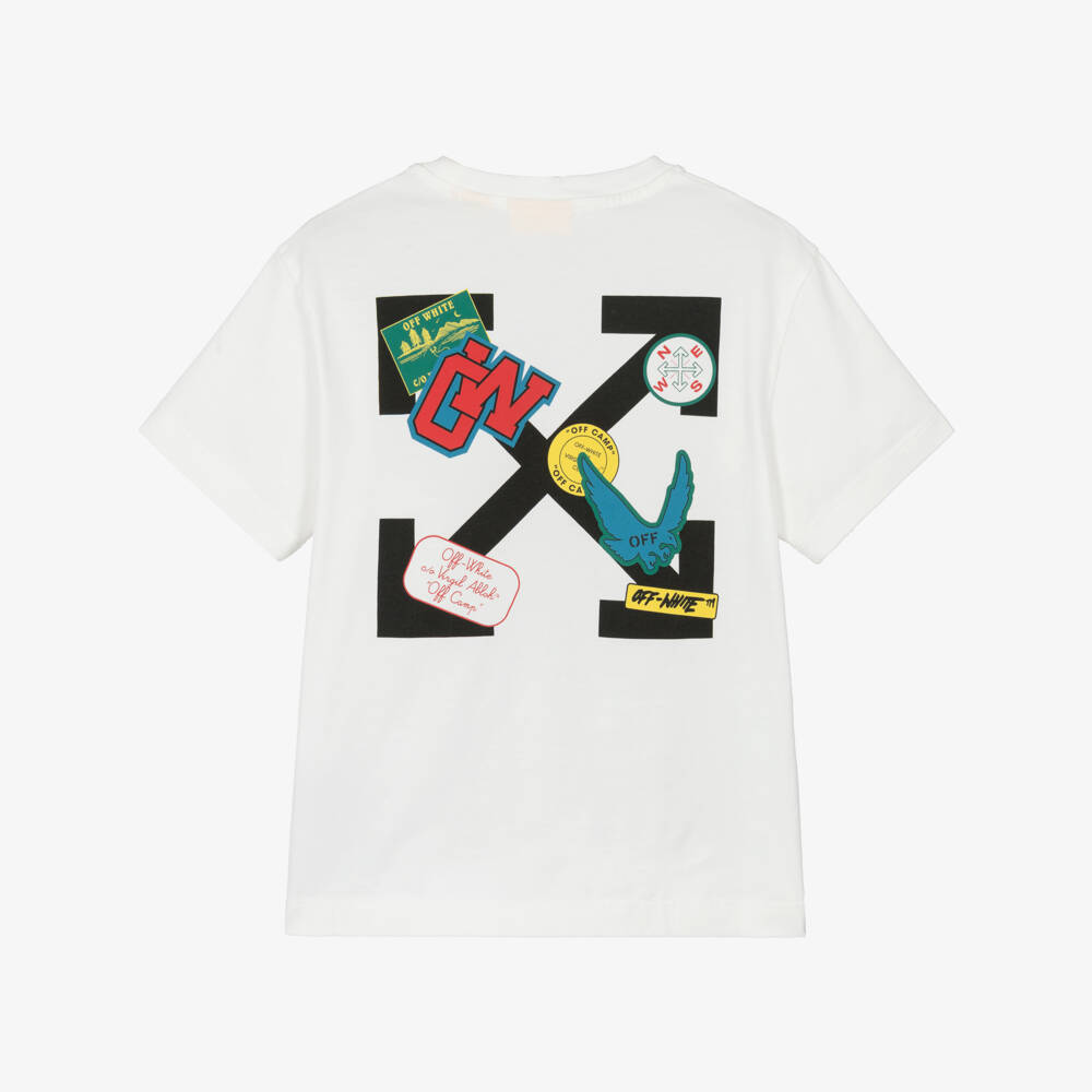 Off-White-Boys White Cotton T-Shirt with Varsity Badge Prints | Childrensalon