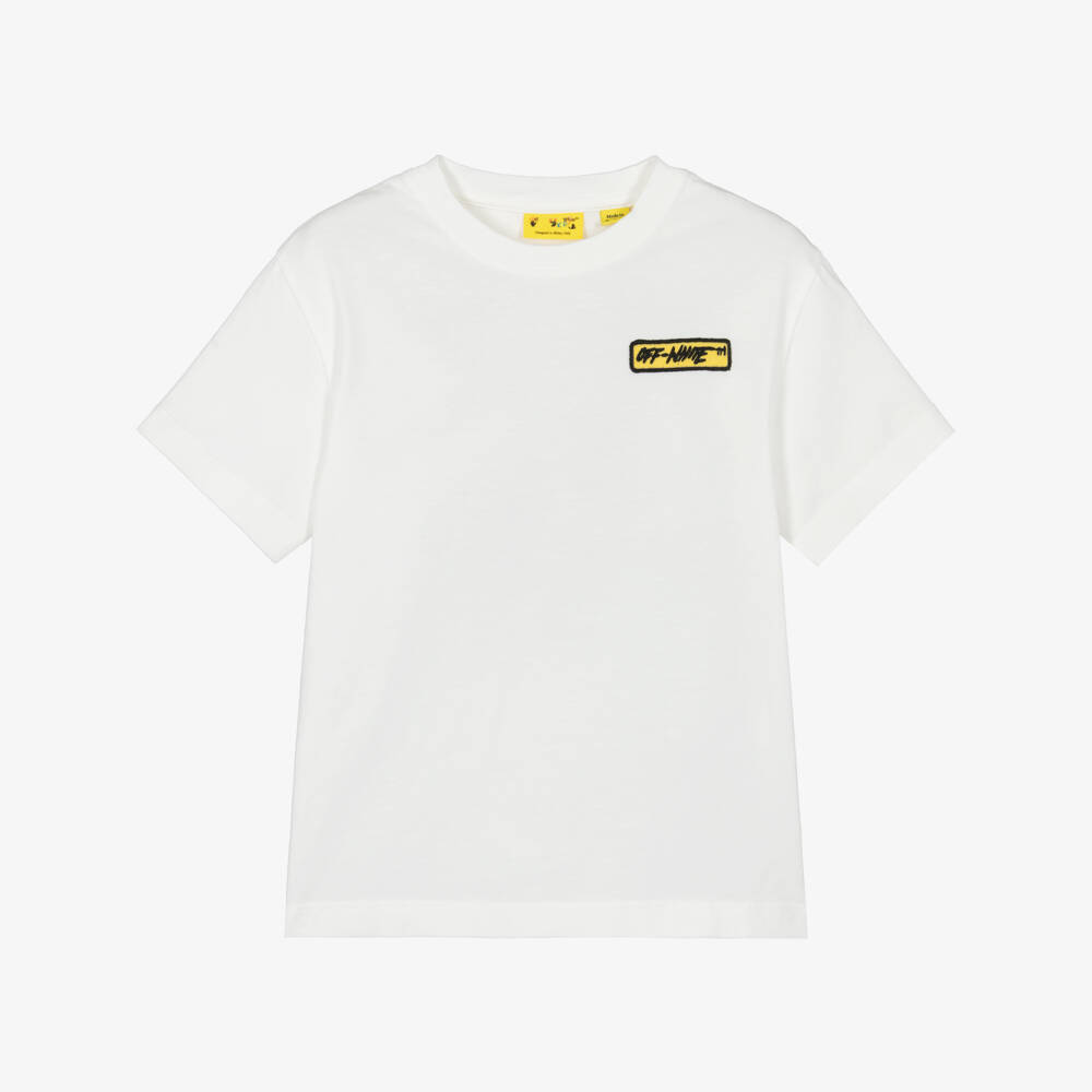 Off-White-Boys White Cotton T-Shirt with Varsity Badge Prints | Childrensalon