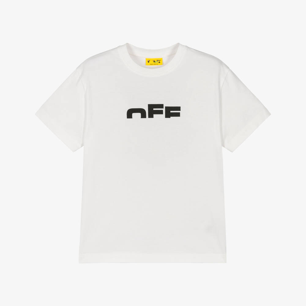 Off-White-Boys White Cotton T-Shirt with Wraparound Text Logo | Childrensalon