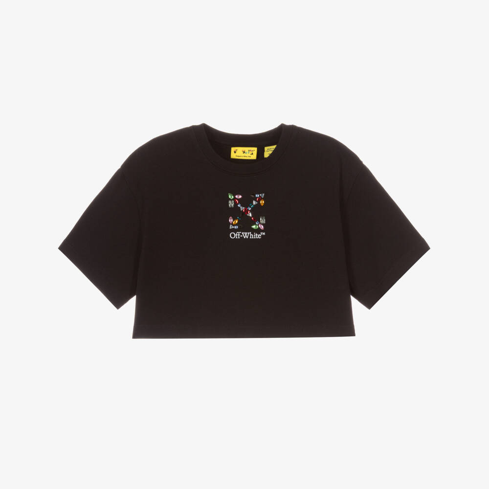 Off-White-Girls Black Cotton T-Shirt with Rhinestone Arrow | Childrensalon