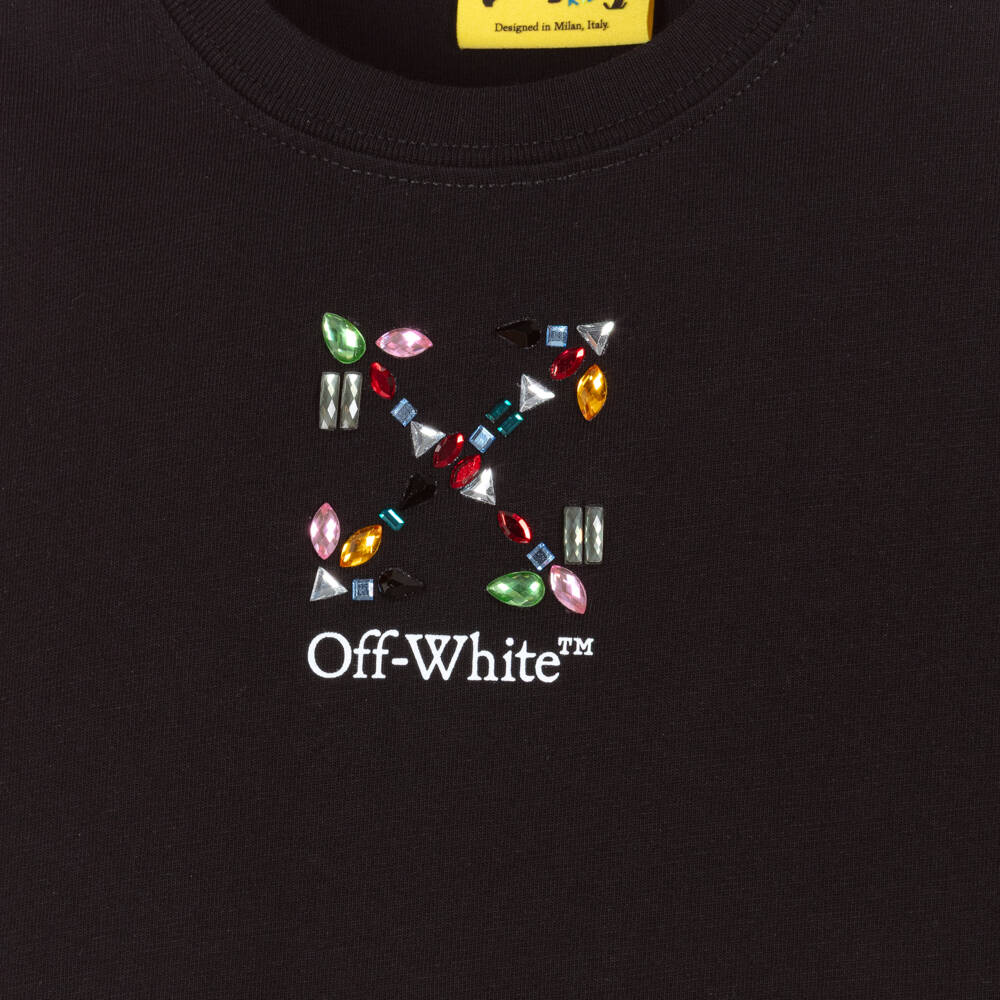 Off-White-Girls Black Cotton T-Shirt with Rhinestone Arrow | Childrensalon