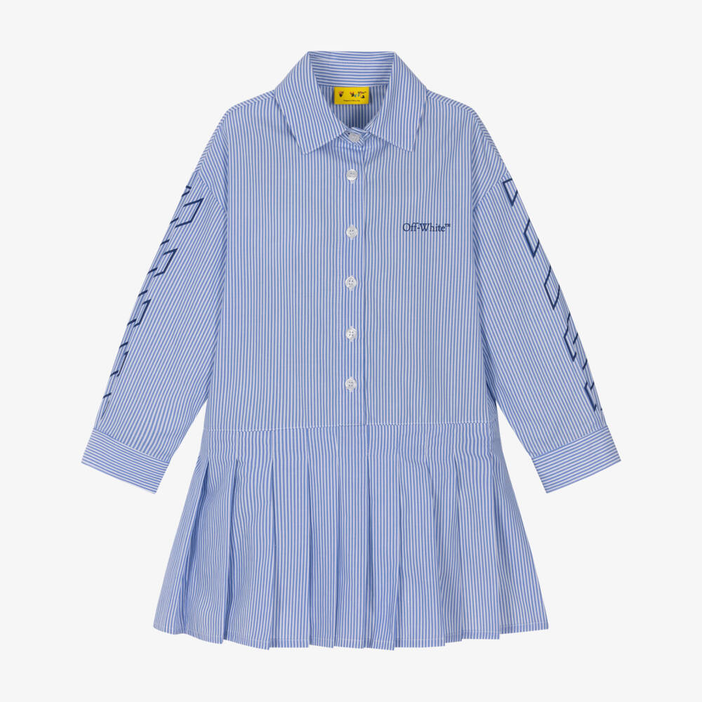 Off-White-Girls Blue Cotton Stripe Shirt Dress with Diagonal Logo Sleeves | Childrensalon