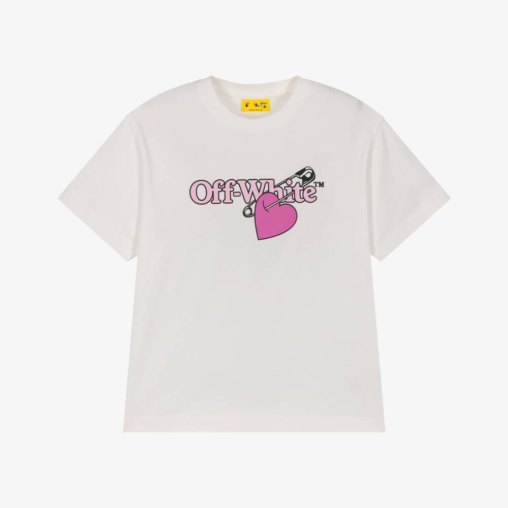 Off-White-Girls Ivory Cotton Pop Heart Logo T-Shirt | Childrensalon