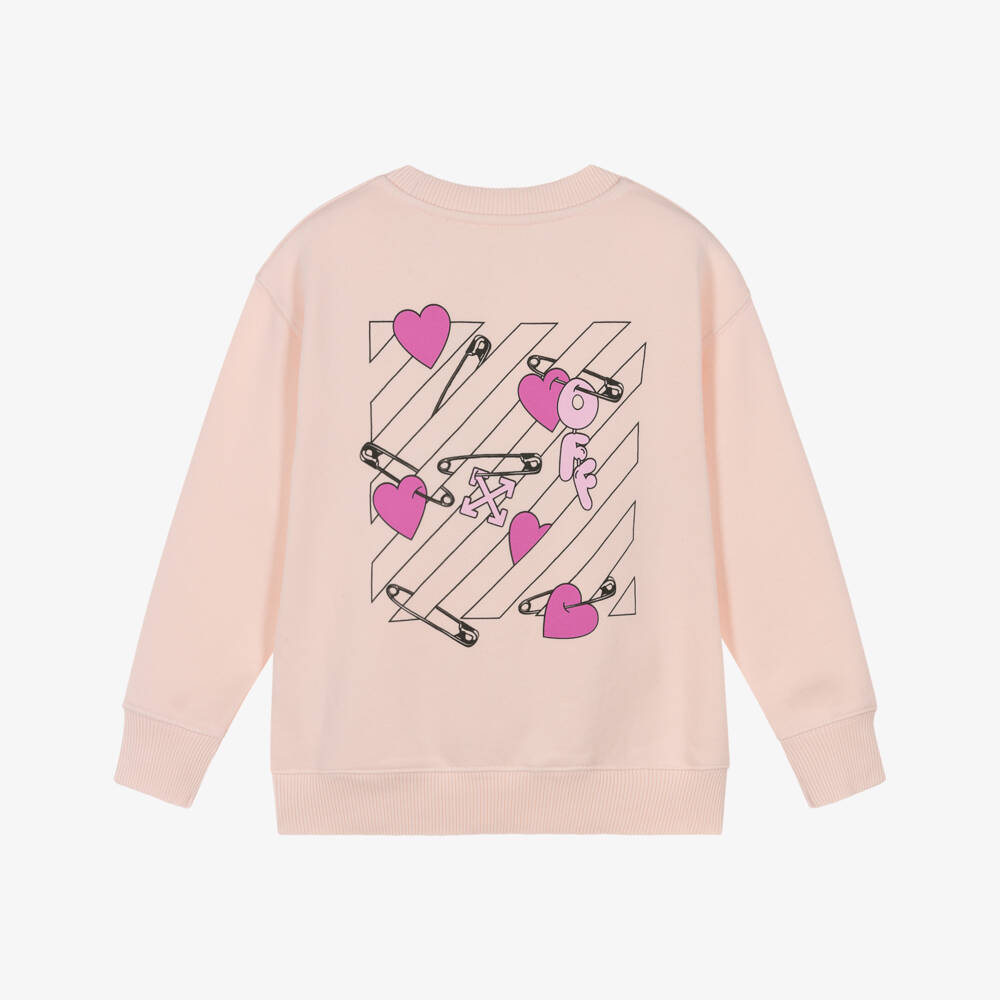 Off-White-Girls Pale Pink Cotton Pop Heart & Diagonals Logo Sweatshirt | Childrensalon