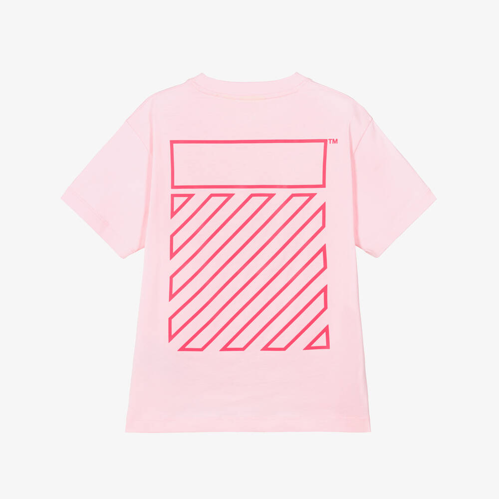 Off-White-Girls Pink Neon Diagonal Logo Cotton T-Shirt | Childrensalon