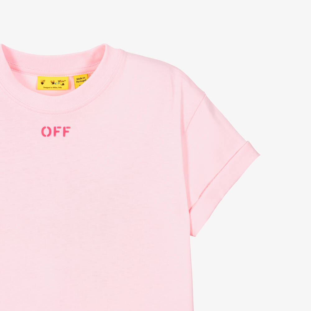 Off-White-Girls Pink Neon Diagonal Logo Cotton T-Shirt | Childrensalon