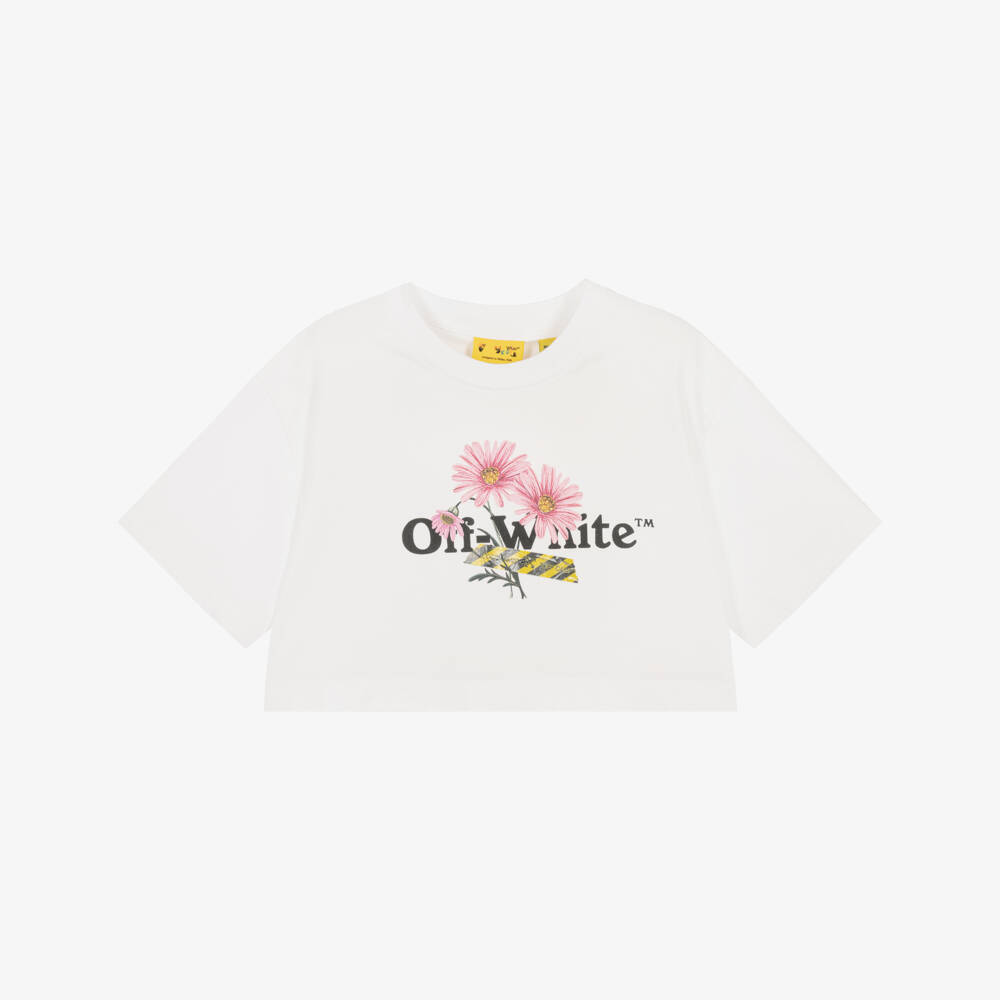Off-White-Girls White Daisy Logo Cropped T-Shirt | Childrensalon