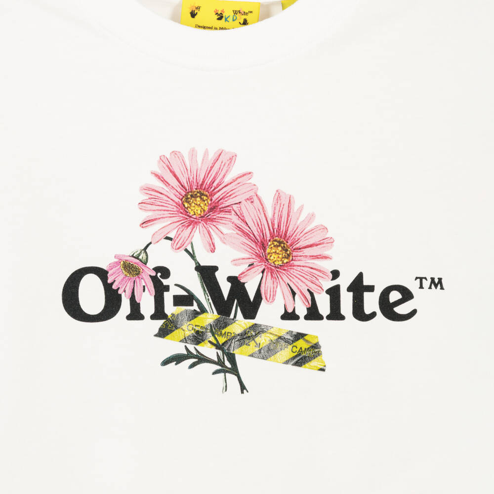 Off-White-Girls White Daisy Logo Cropped T-Shirt | Childrensalon