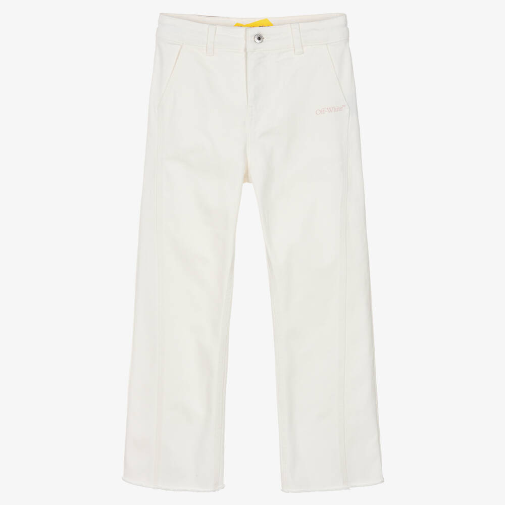 Off-White-Girls White Denim Jeans with Pink Diagonals | Childrensalon