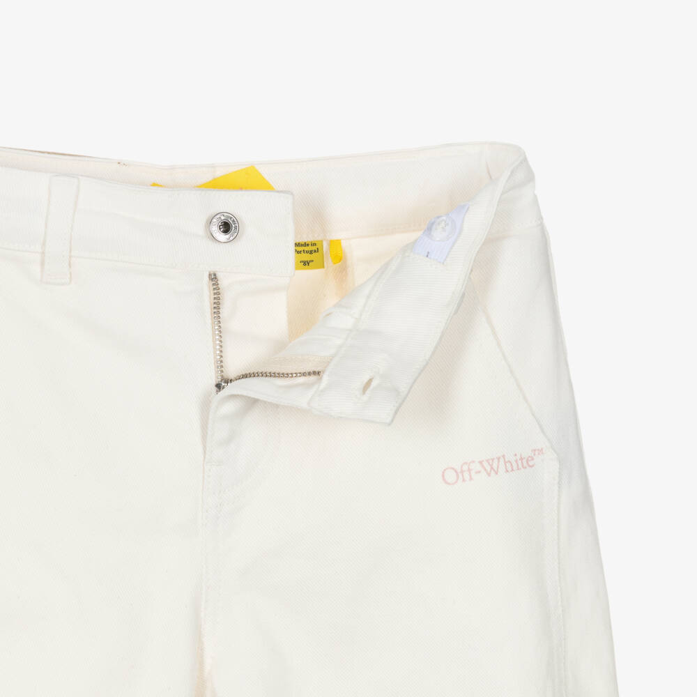 Off-White-Girls White Denim Jeans with Pink Diagonals | Childrensalon