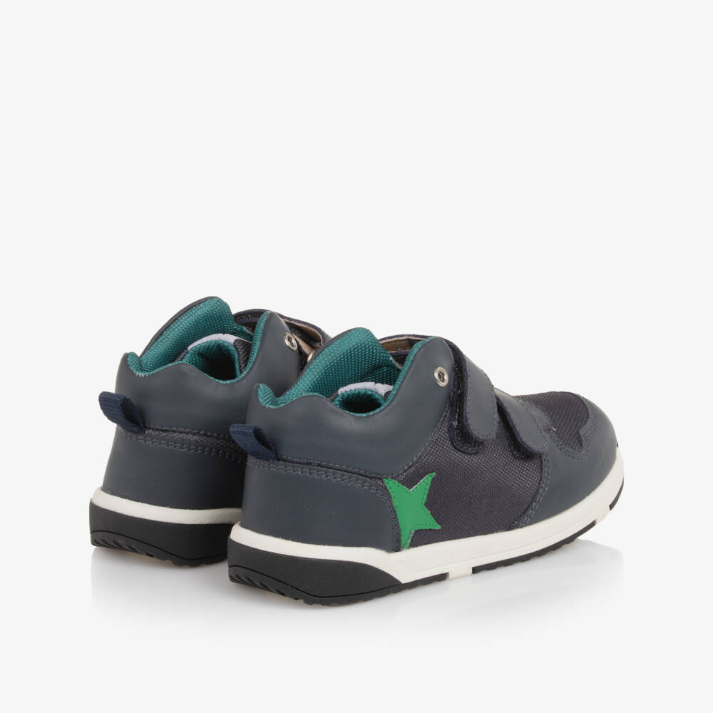 Old Soles-Boys Navy Blue Leather Velcro Trainers with Green Star  | Childrensalon