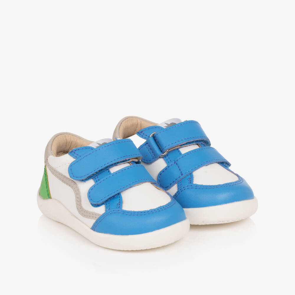 Old Soles-Boys White & Blue Leather First Walker Trainers | Childrensalon