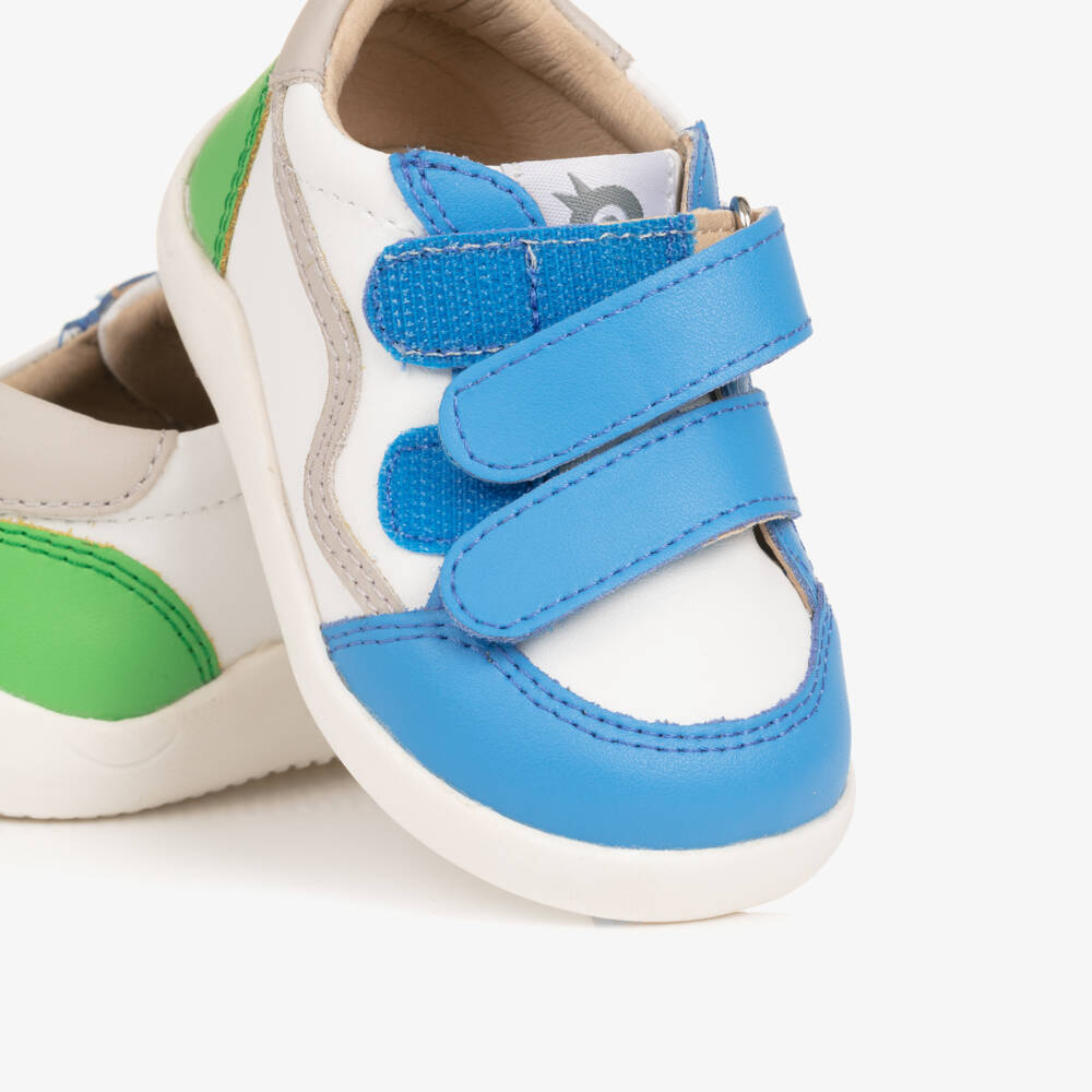 Old Soles-Boys White & Blue Leather First Walker Trainers | Childrensalon