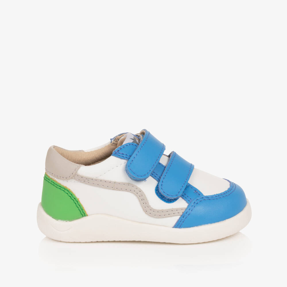 Old Soles-Boys White & Blue Leather First Walker Trainers | Childrensalon