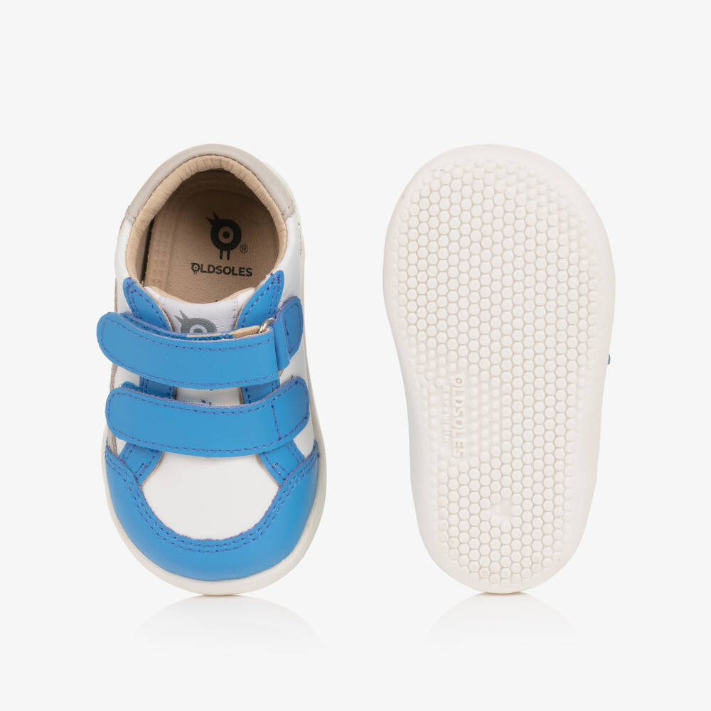 Old Soles-Boys White & Blue Leather First Walker Trainers | Childrensalon