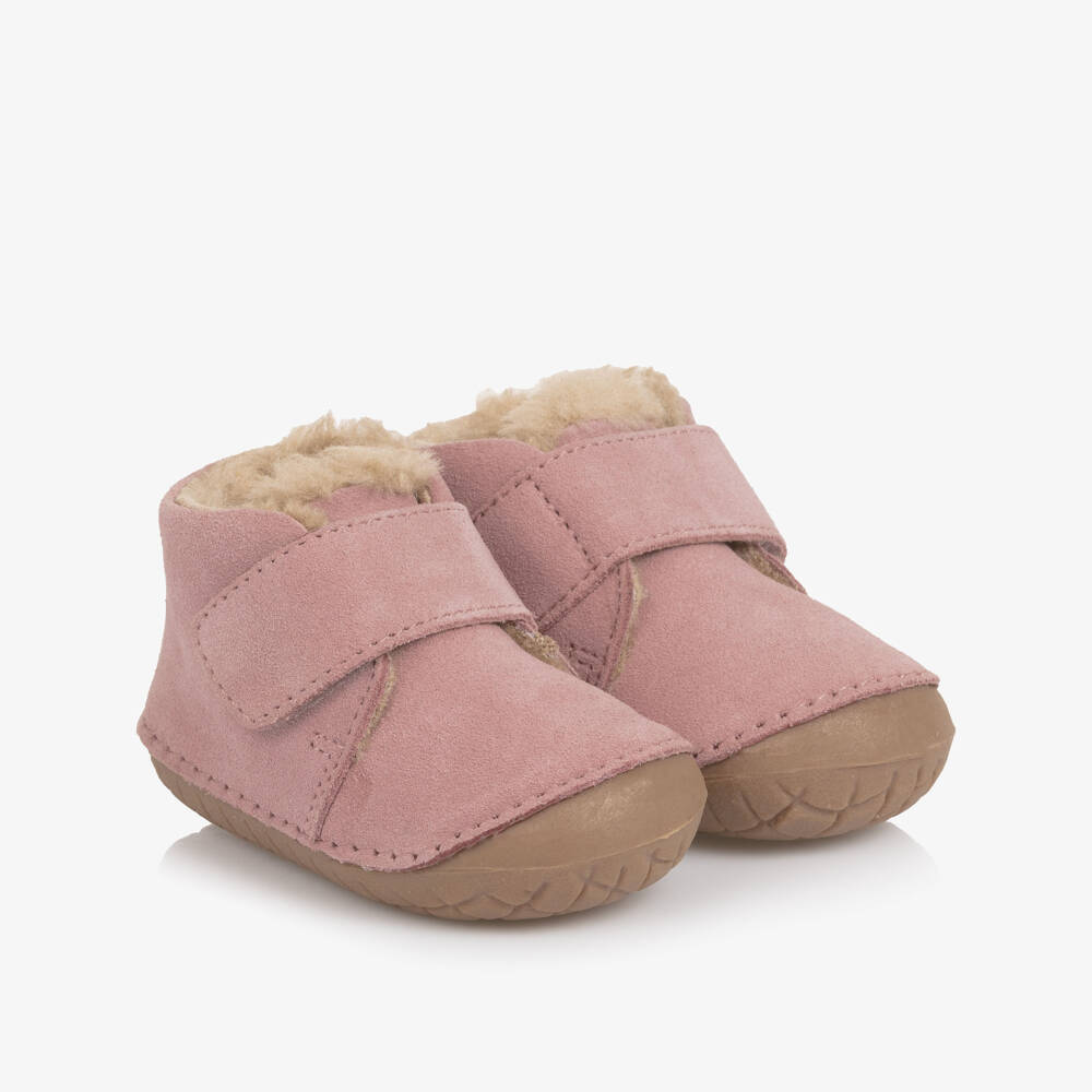 Old Soles-Girls Dusky Pink Suede & Faux Fur First Walkers | Childrensalon