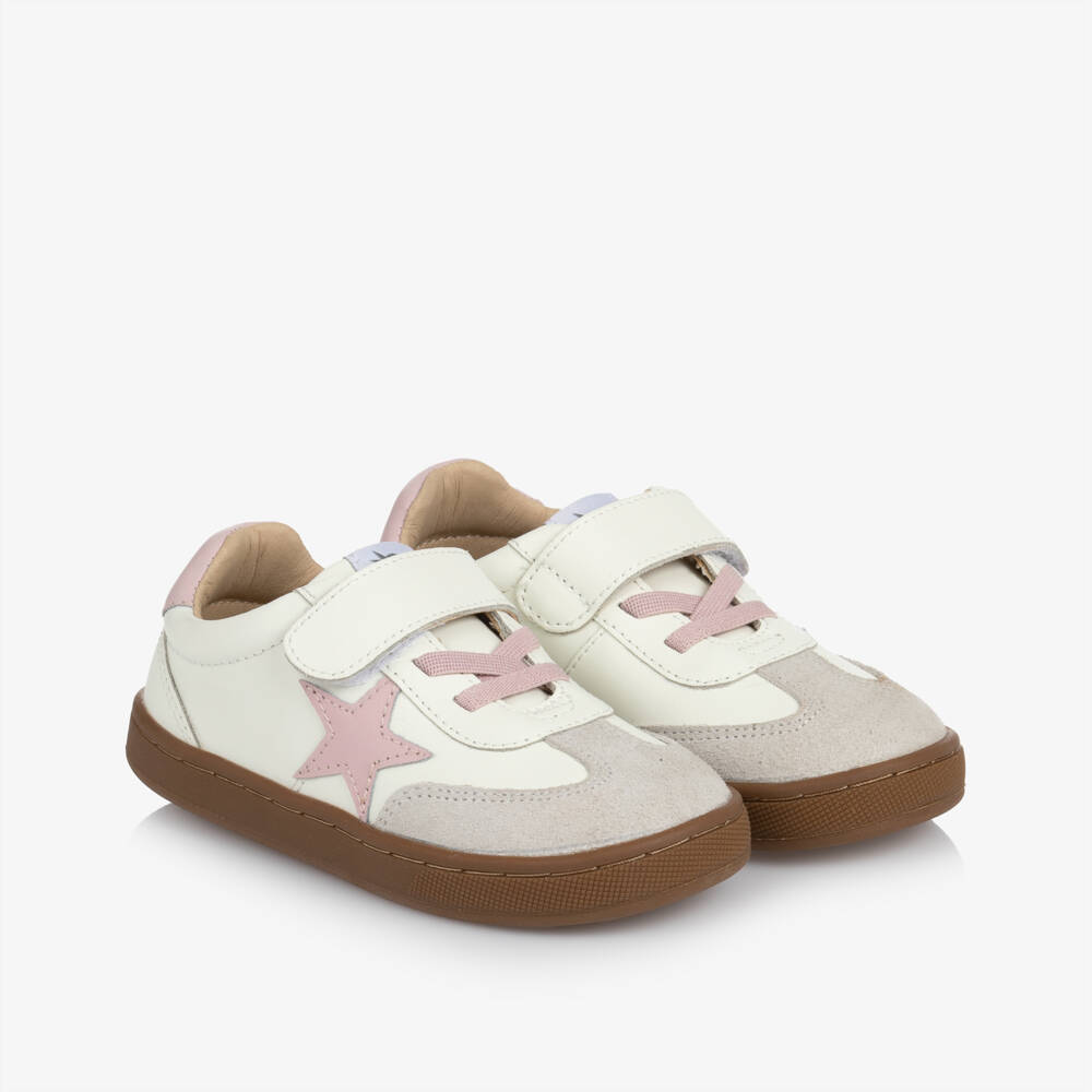 Old Soles-Girls Ivory & Pink Star Leather Trainers | Childrensalon