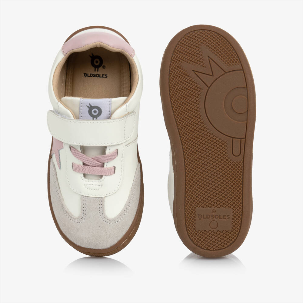 Old Soles-Girls Ivory & Pink Star Leather Trainers | Childrensalon