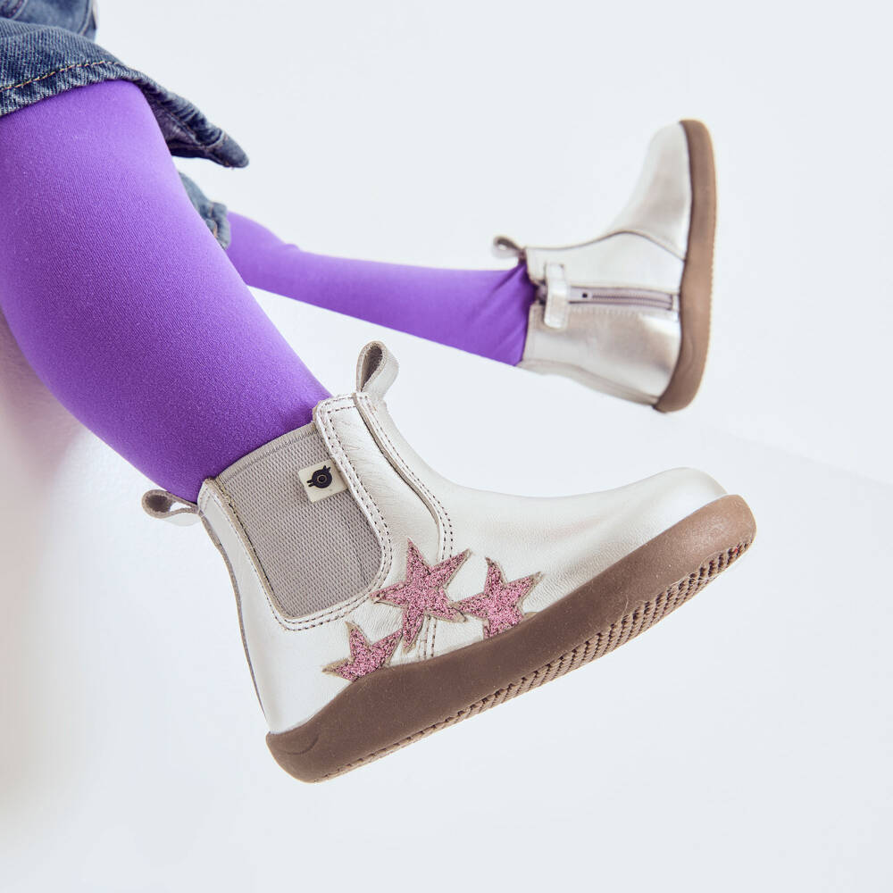 Old Soles-Girls Silver Leather Boots with Glittery Stars | Childrensalon