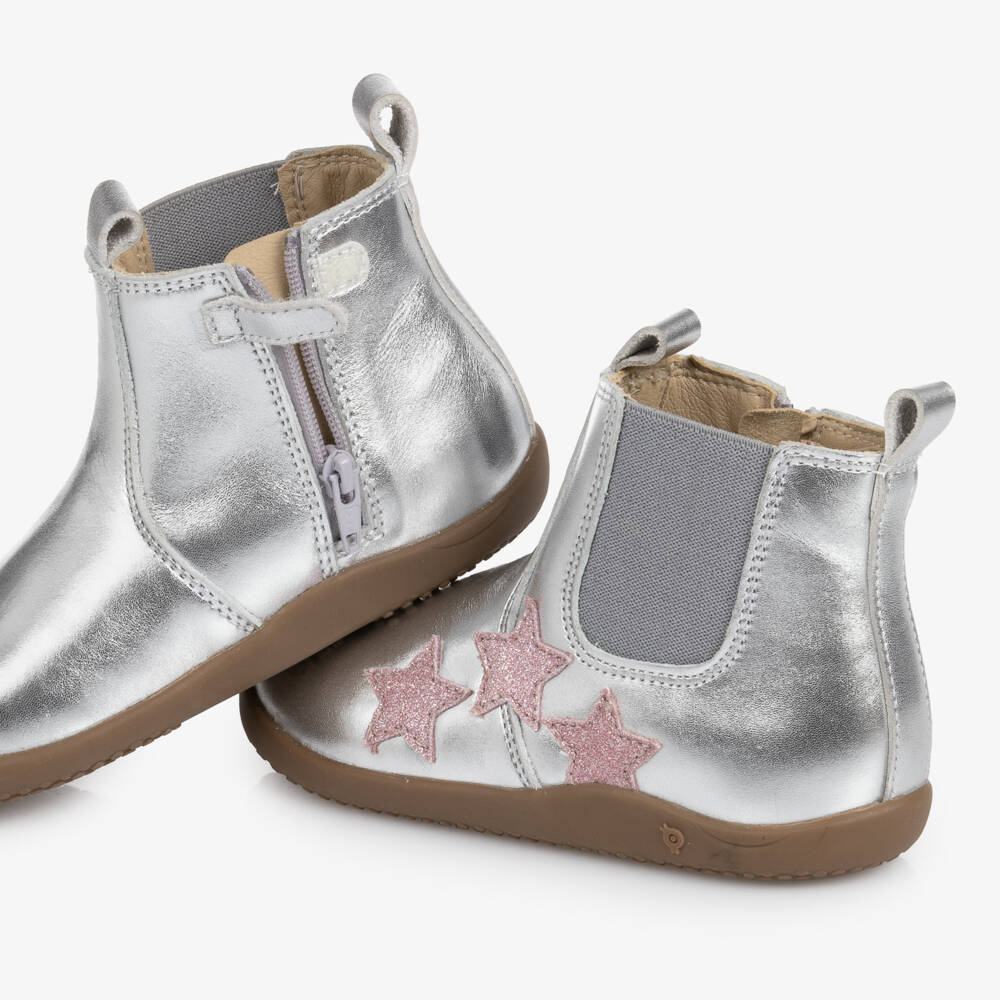Old Soles-Girls Silver Leather Boots with Glittery Stars | Childrensalon