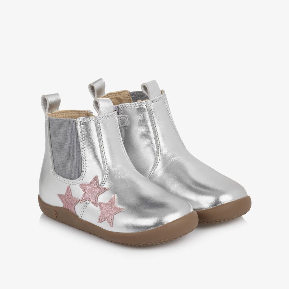 Old Soles-Girls Silver Leather Boots with Glittery Stars | Childrensalon