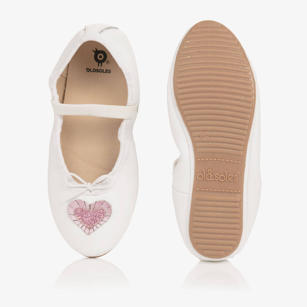 Old Soles-Girls White Leather Ballerinas with Glittery Heart | Childrensalon