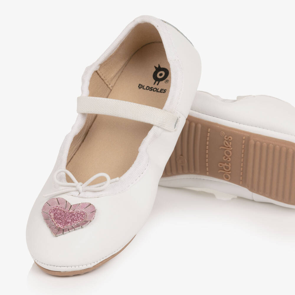 Old Soles-Girls White Leather Ballerinas with Glittery Heart | Childrensalon