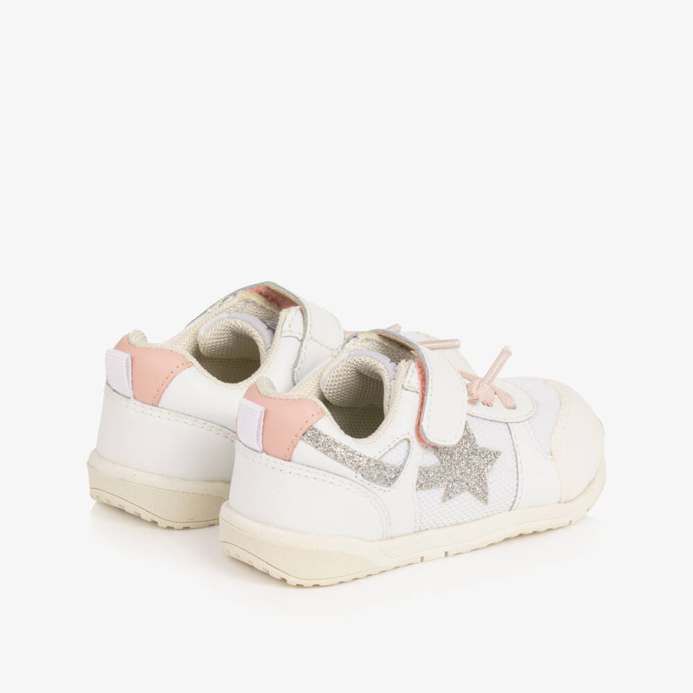 Old Soles-Girls White Leather & Mesh Trainers with Glittery Star | Childrensalon