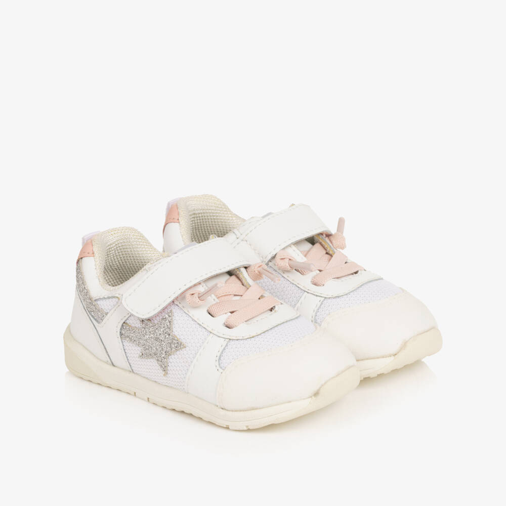 Old Soles-Girls White Leather & Mesh Trainers with Glittery Star | Childrensalon