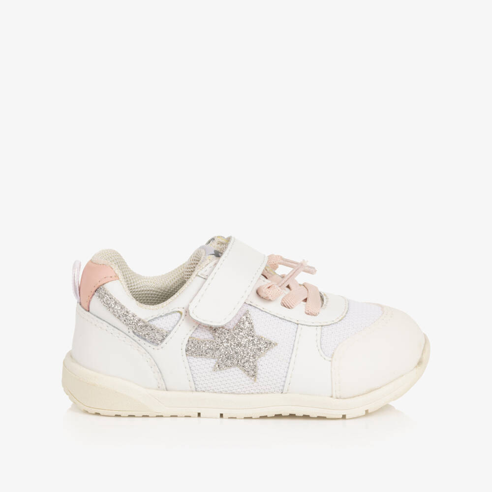 Old Soles-Girls White Leather & Mesh Trainers with Glittery Star | Childrensalon
