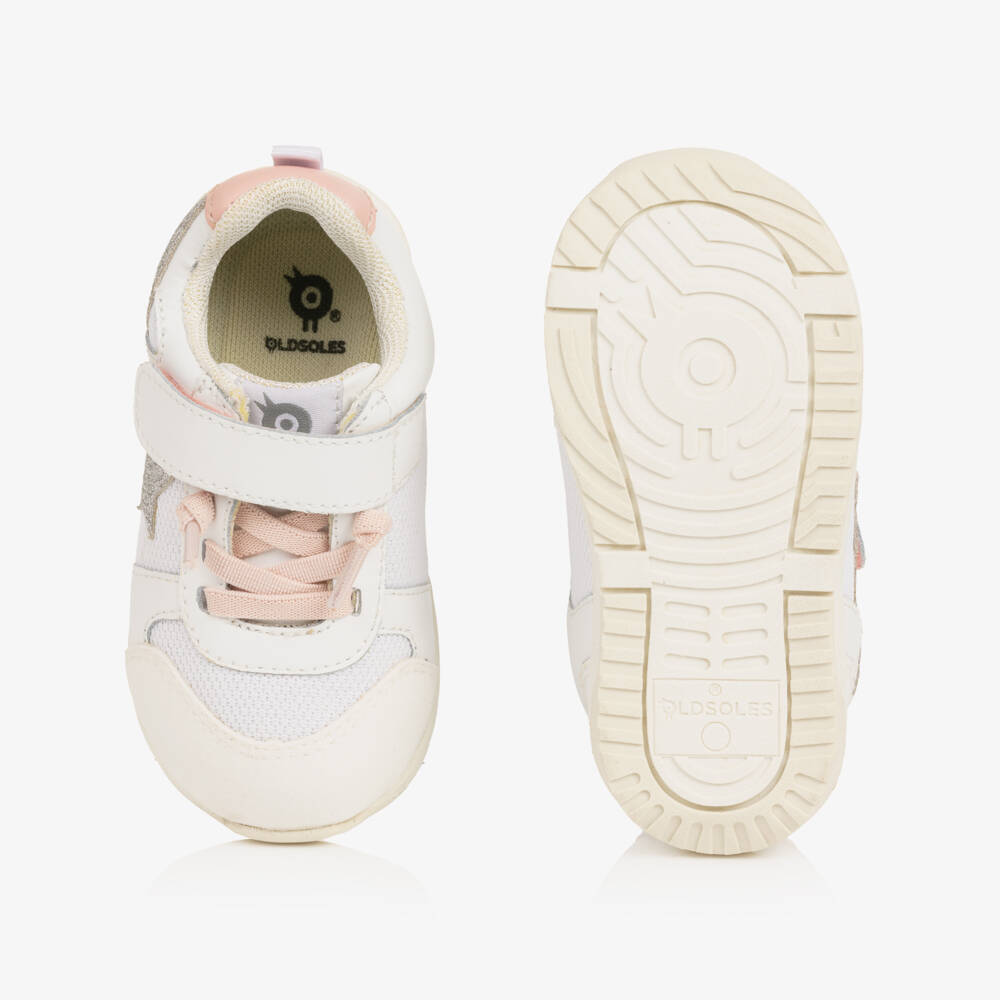 Old Soles-Girls White Leather & Mesh Trainers with Glittery Star | Childrensalon