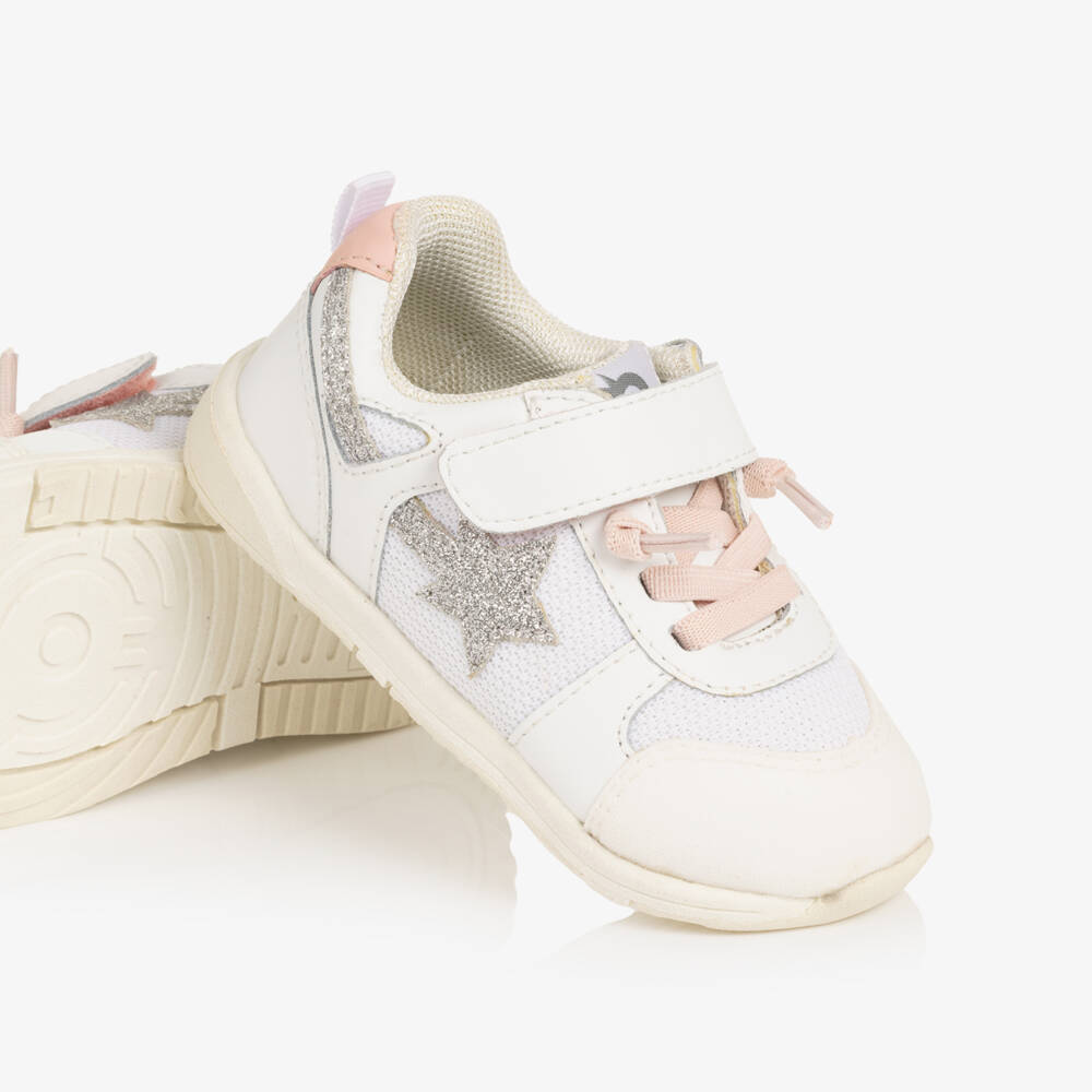 Old Soles-Girls White Leather & Mesh Trainers with Glittery Star | Childrensalon