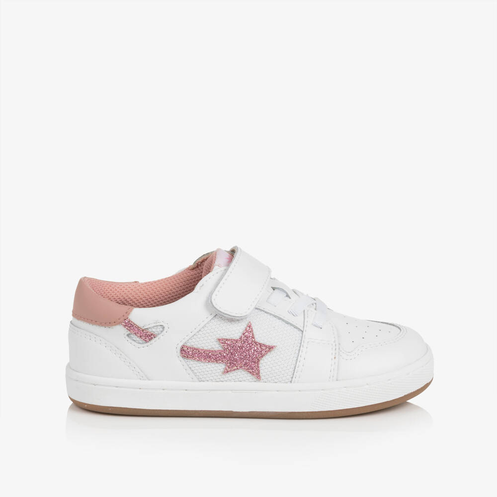 Old Soles-Girls White & Pink Leather Velcro Trainers | Childrensalon
