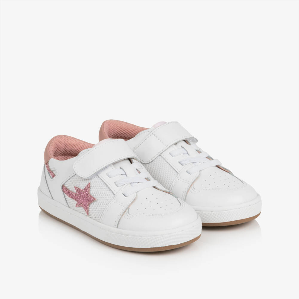 Old Soles-Girls White & Pink Leather Velcro Trainers  | Childrensalon