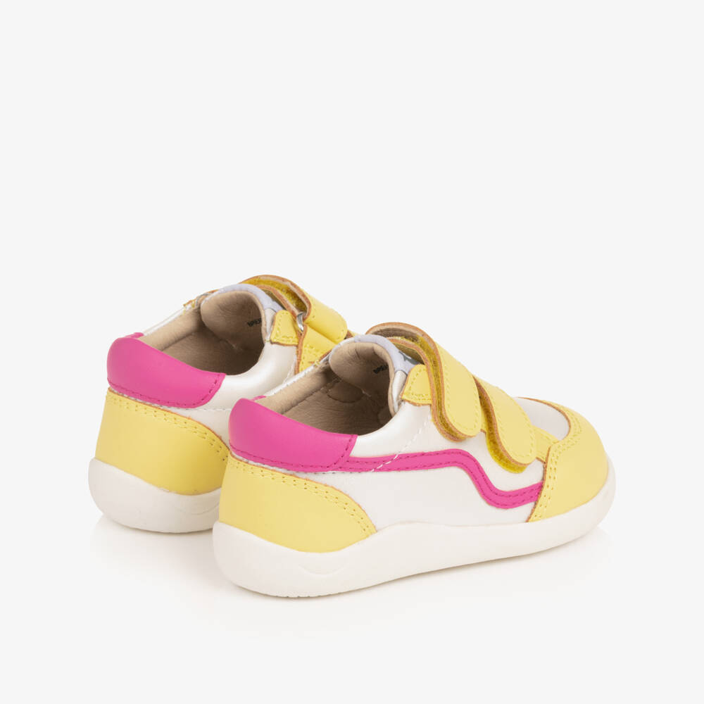 Old Soles-Girls White & Yellow Leather First Walker Trainers | Childrensalon