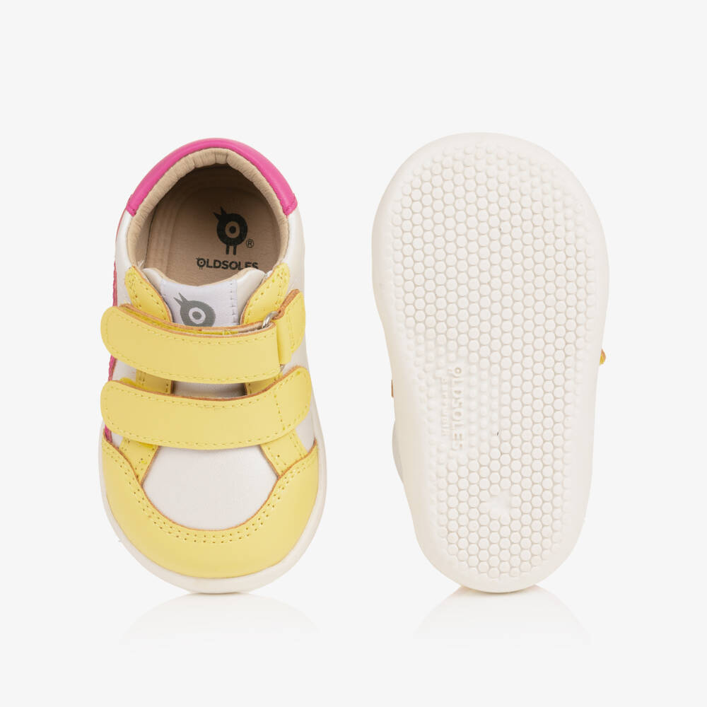 Old Soles-Girls White & Yellow Leather First Walker Trainers | Childrensalon