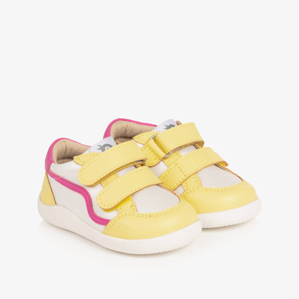 Old Soles-Girls White & Yellow Leather First Walker Trainers | Childrensalon
