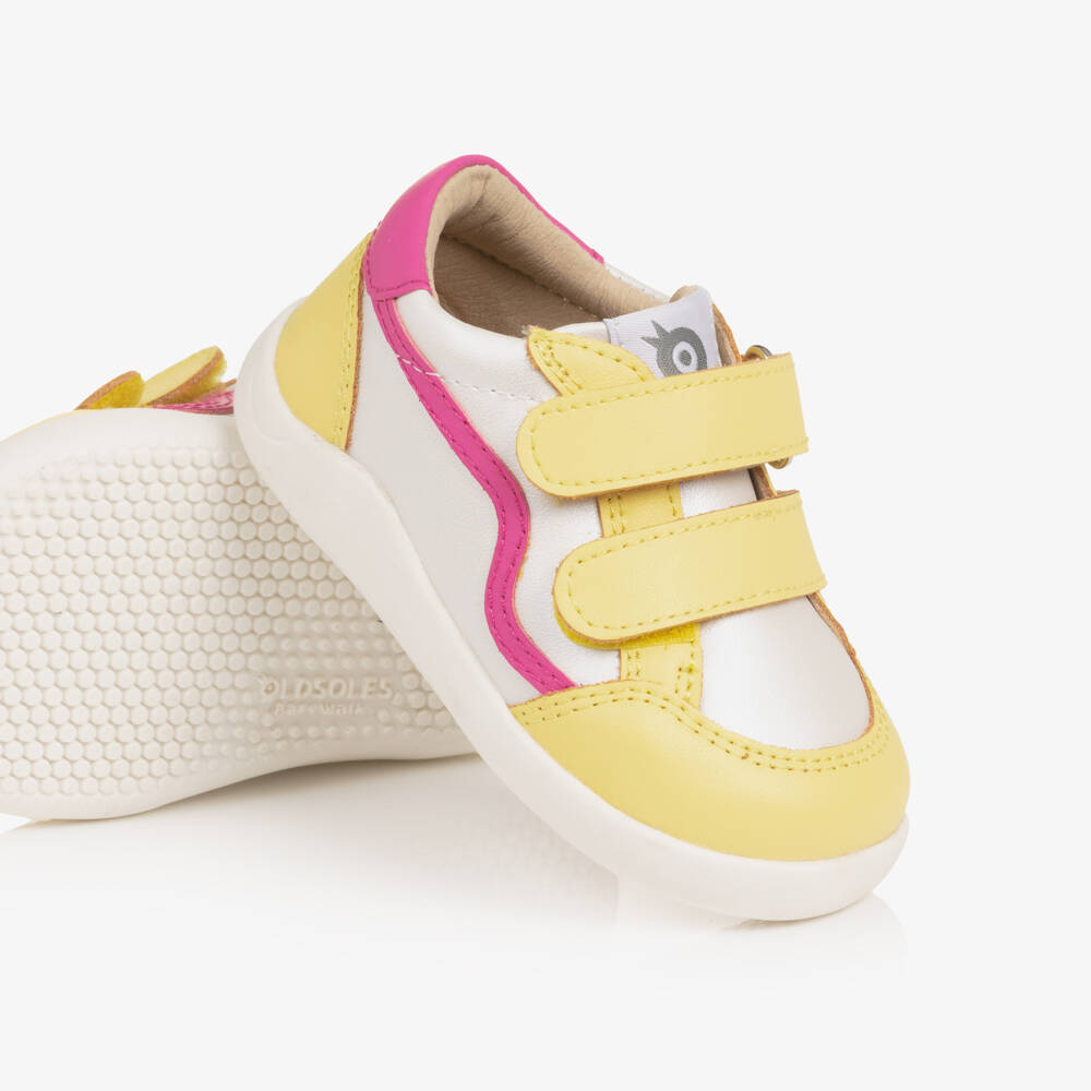 Old Soles-Girls White & Yellow Leather First Walker Trainers | Childrensalon