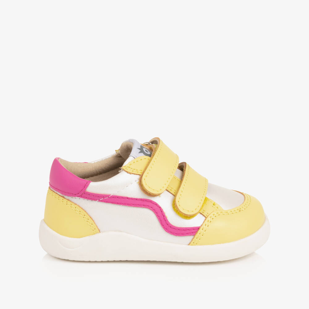 Old Soles-Girls White & Yellow Leather First Walker Trainers | Childrensalon