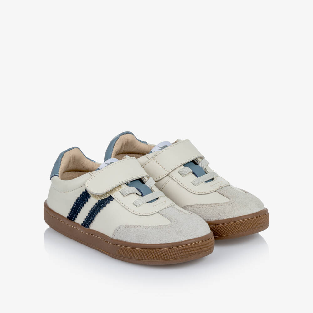 Old Soles-Ivory & Blue Leather Trainers with Velcro | Childrensalon