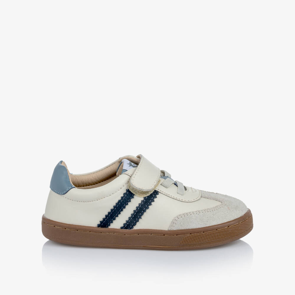 Old Soles-Ivory & Blue Leather Trainers with Velcro | Childrensalon