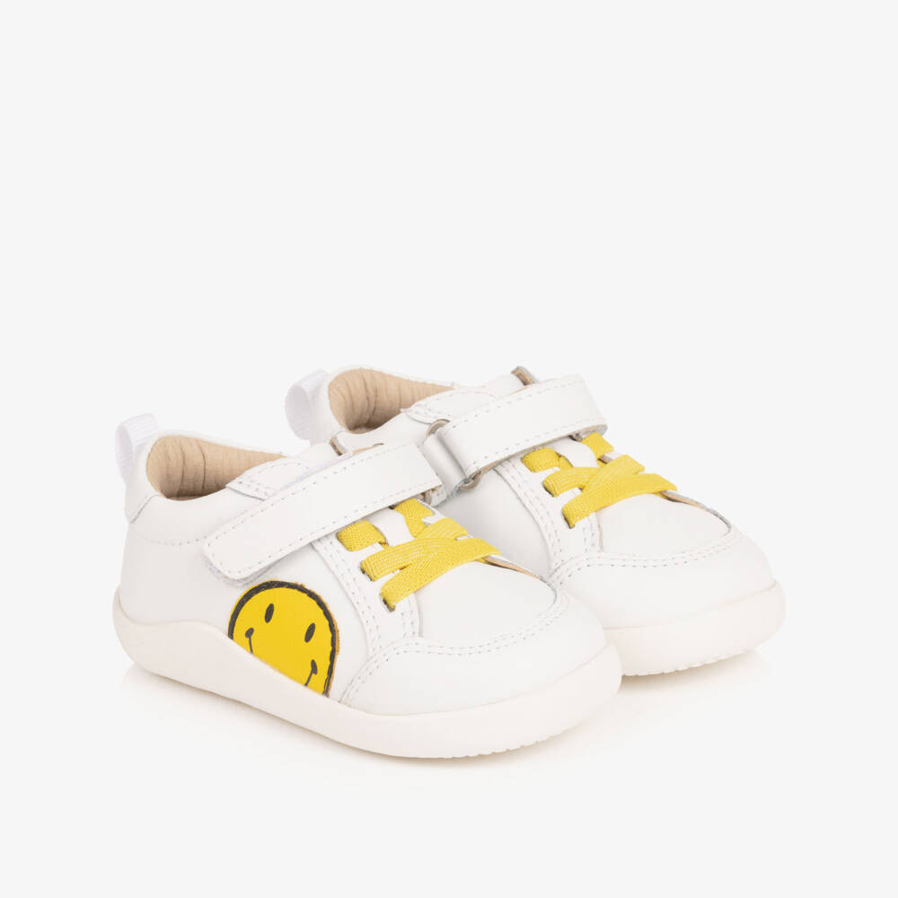 Old Soles-White Leather First Walker Trainers with Smiling Face | Childrensalon