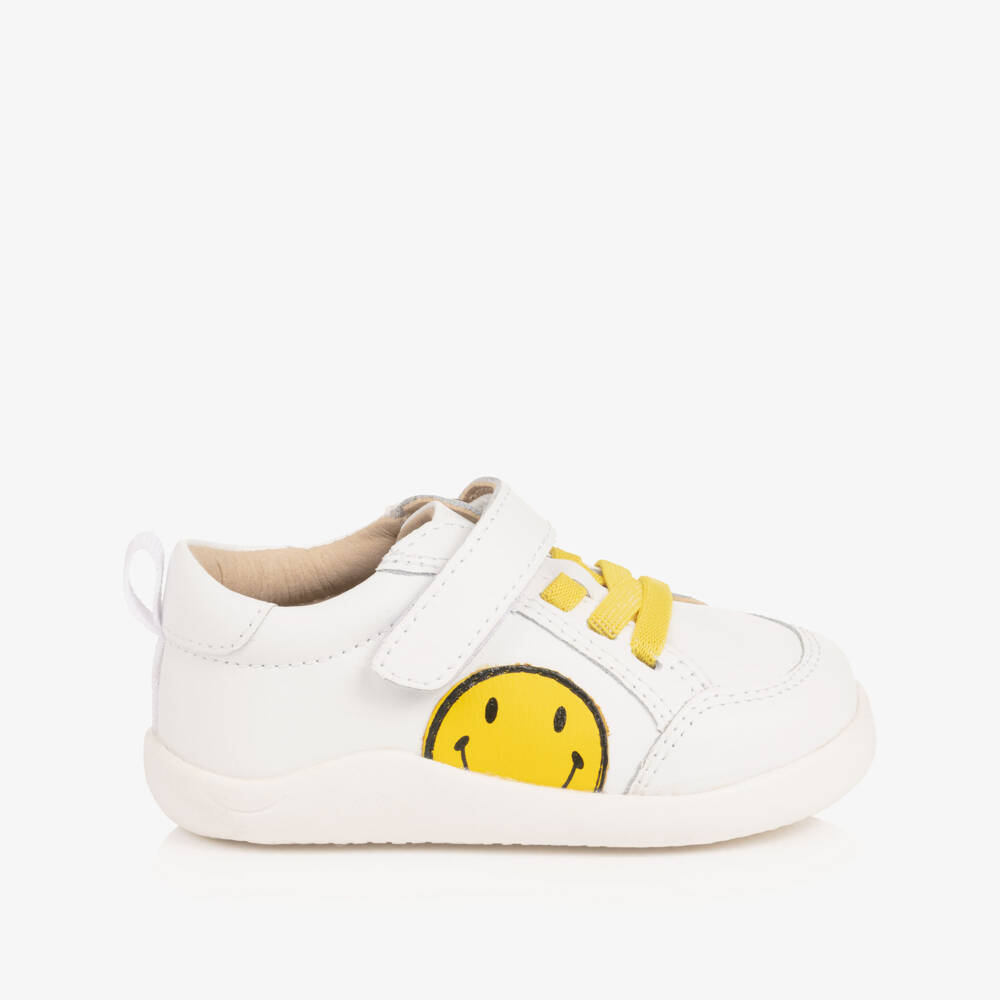 Old Soles-White Leather First Walker Trainers with Smiling Face | Childrensalon
