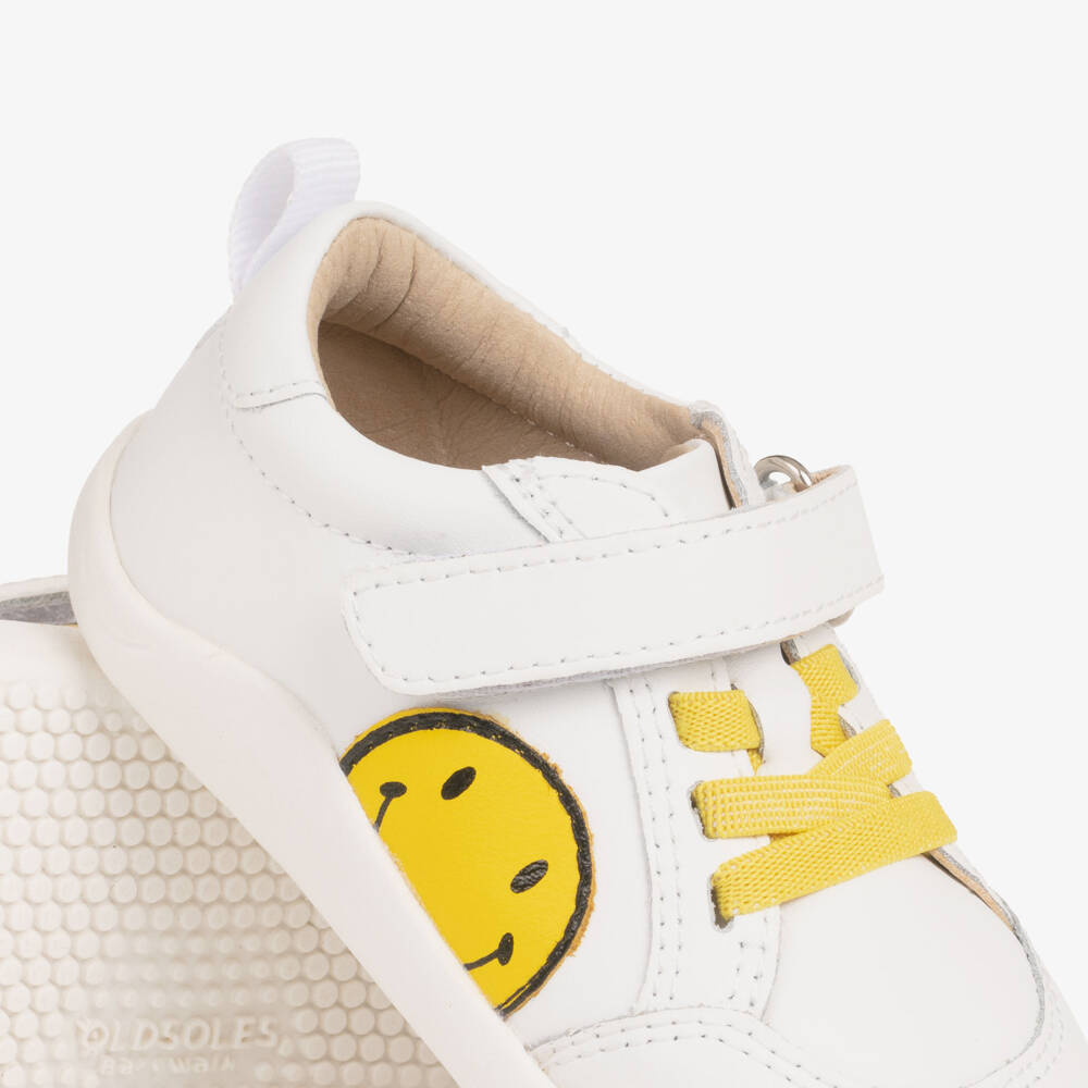 Old Soles-White Leather First Walker Trainers with Smiling Face | Childrensalon