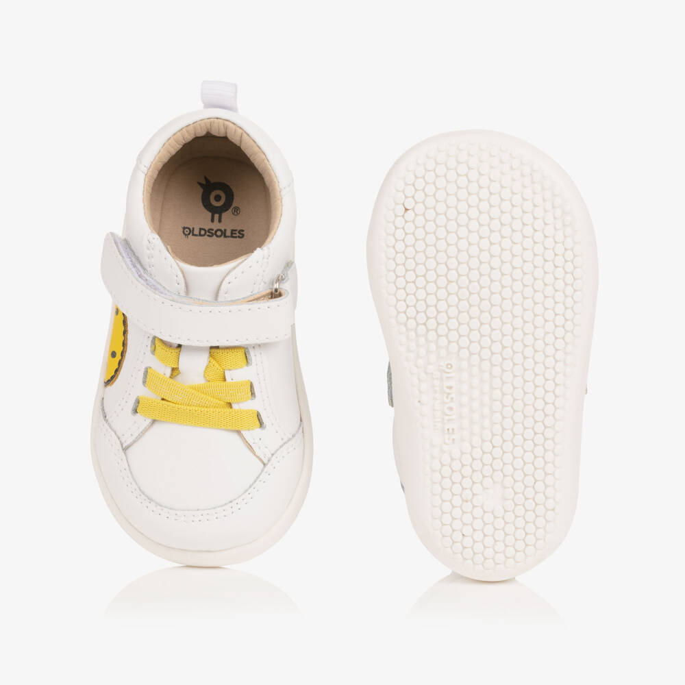 Old Soles-White Leather First Walker Trainers with Smiling Face | Childrensalon