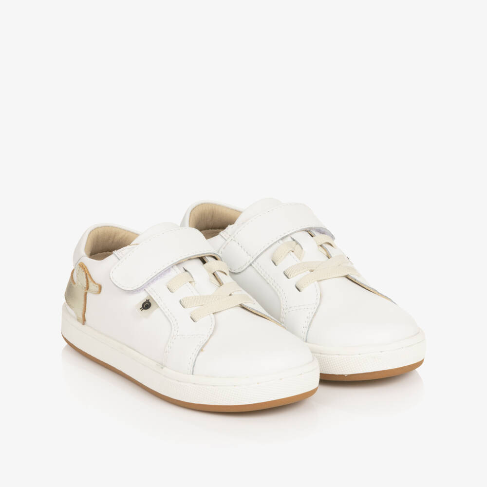 Old Soles-White Leather Trainers with Gold Dachshund Dog Motif | Childrensalon